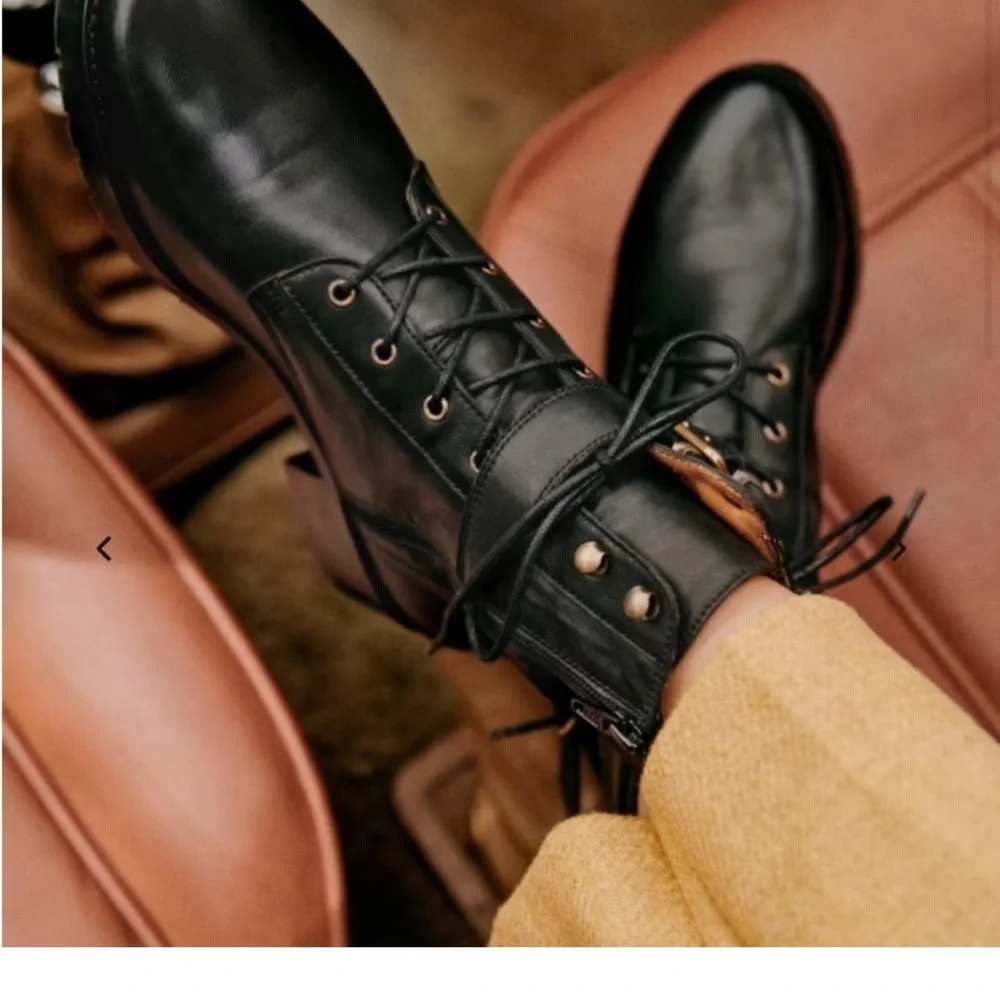 Sezane Black Leather Lace-Up Ankle Boots with Buckle